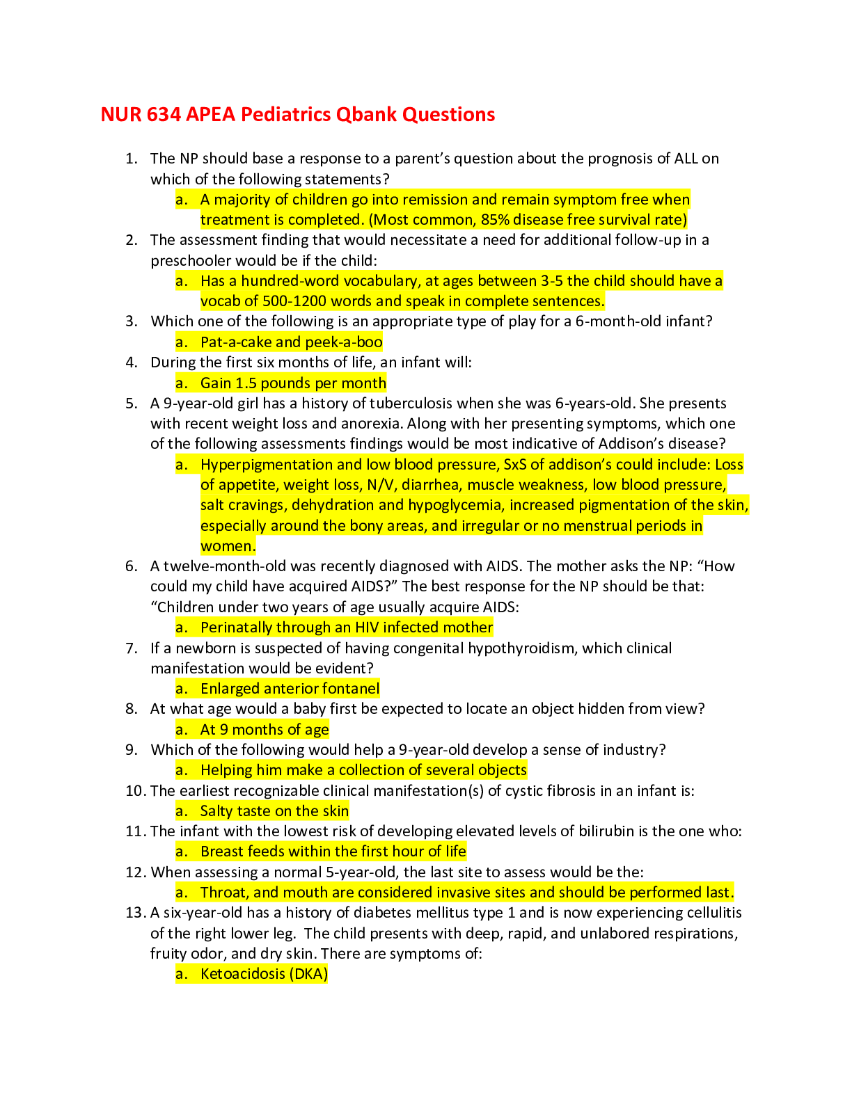 Preview of NUR 634 APEA Pediatrics Qbank Questions And Answers /Completed Version (LATEST)